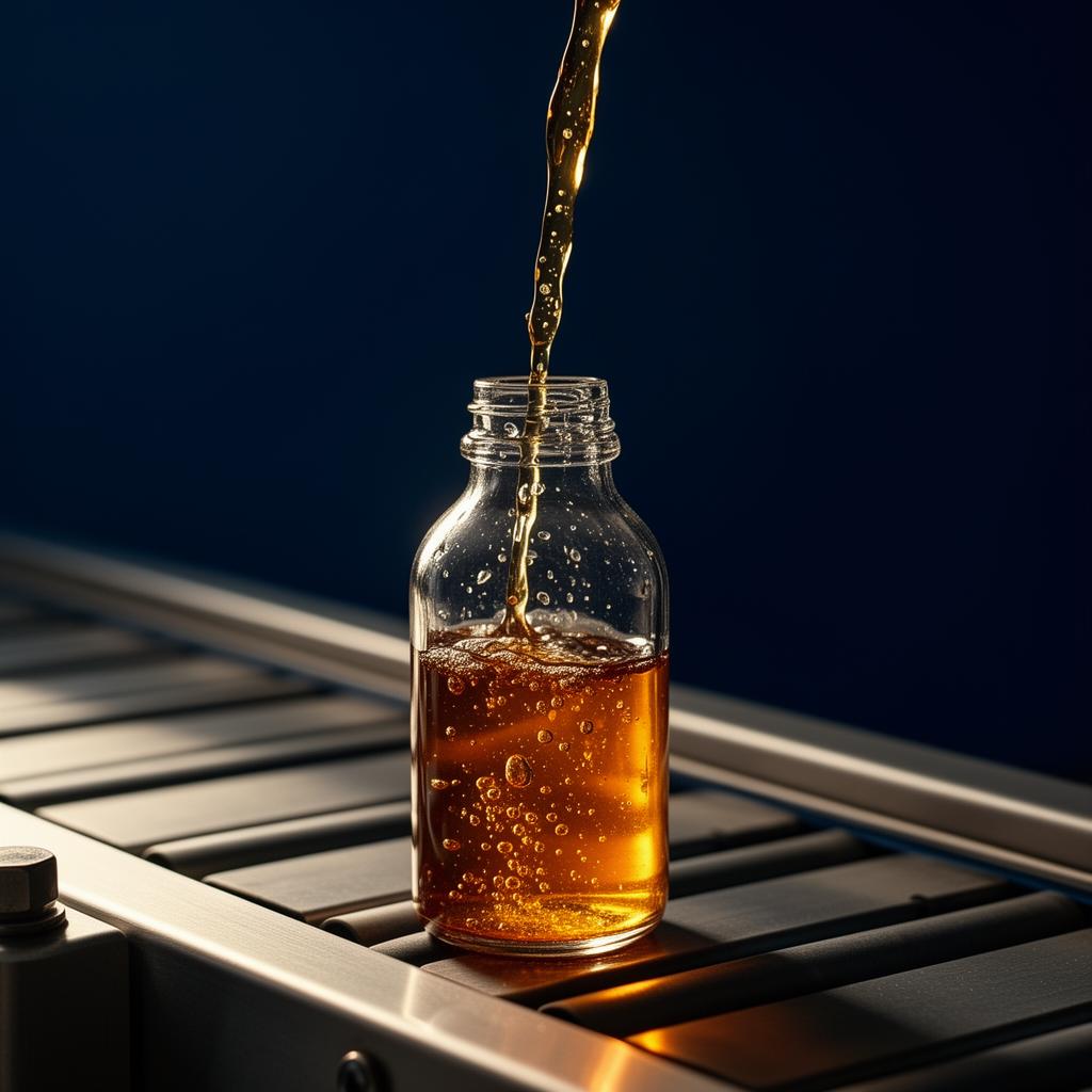 Amber beverage being poured into a glass bottle on a production line