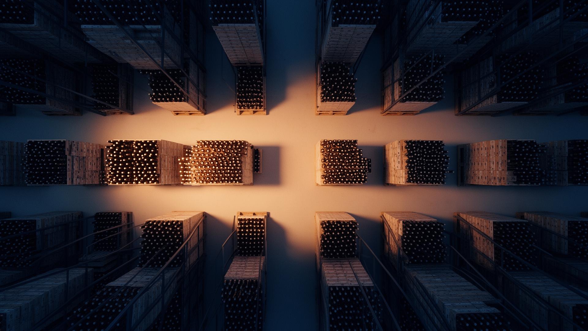 Overhead view of a beverage distribution warehouse with symmetric pallet rows